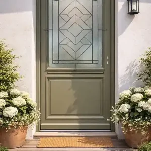 Acheter En Ligne Porte d‘entrée Bois Vitrée Elsie, Vert Gris Olive, H215 x L90 cm Côte Tableau p.Gauche (Poignée, Barillet ref N158RPL -IN158RCI) GD MENUISERIES