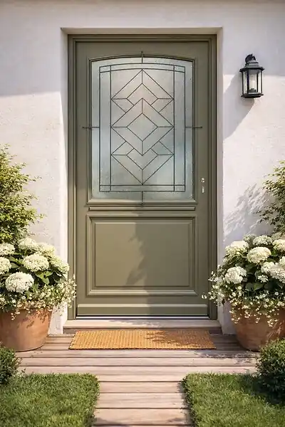 Acheter En Ligne Porte d‘entrée Bois Vitrée Elsie, Vert Gris Olive, H215 x L90 cm Côte Tableau p.Gauche (Poignée, Barillet ref N158RPL -IN158RCI) GD MENUISERIES