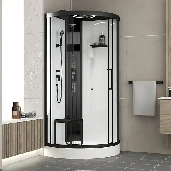 Cabine de douche 1/4 de cercle 95x95x218 cm - Fonction HAMMAM, Jets Hydromassants, Led et Bluetooth AURLANE Satisfait Ou Remboursé