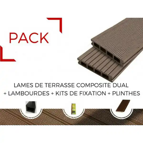 Paiement Sécurisé PACK 10m² lame de terrasse composite Dual + ACCESSOIRES 3600mm Brun rouge, ep.25mm, l.14 cm, L.360 cm MCCOVER