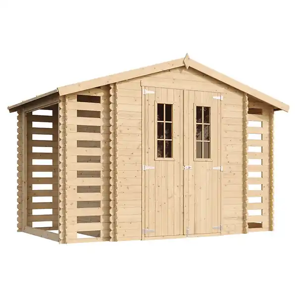 Top Vente Abri de jardin en bois et range bûches extérieur - Stockage extérieur I206xL328xH218 cm/ 3,53 + 0,97+0,97 m2 - M391C TIMBELA