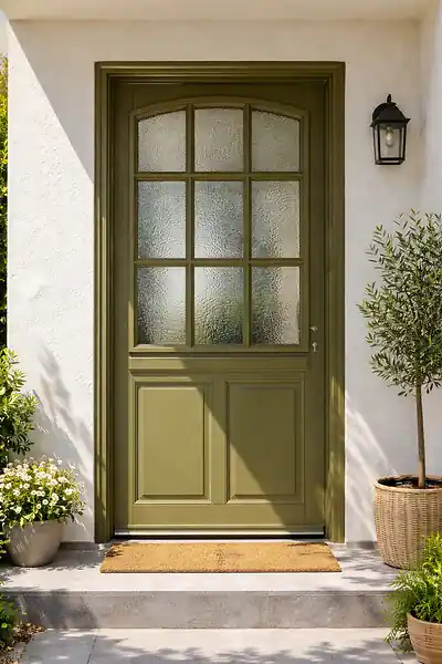 Nouvelle Collection Porte d‘entrée Bois Vitrée Andore Vert Gris Olive, H215 x L80 cm Côte Tableau p, Gauche, (Poignée, Barillet ref N158RPL -IN158RCI) GD MENUISERIES
