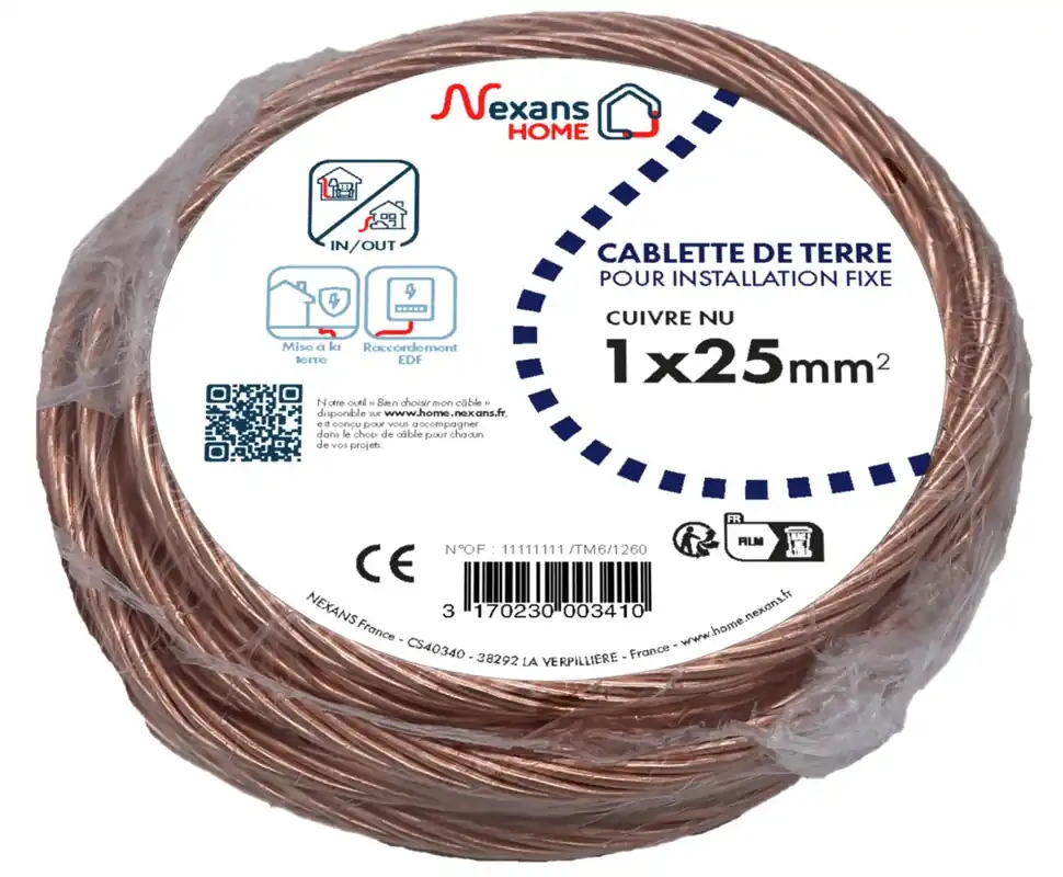 Acheter Direct Câble de terre cuivre nu 25 mm² pour mise à la terre 3 m - NEXANS
