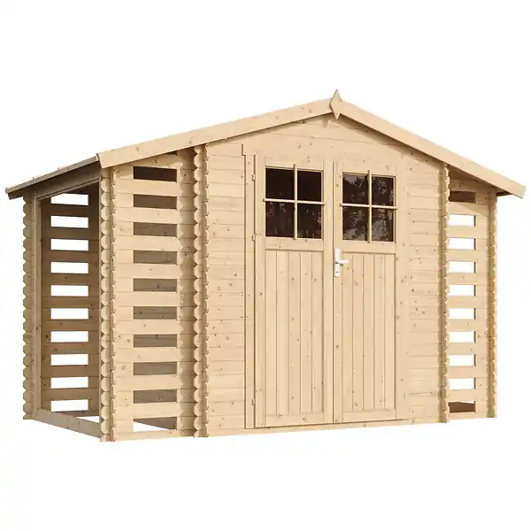 Abri de jardin en bois et range bûches extérieur - I206xL328xH218 cm/ 3,53 + 0,97+0,97 m2 - TIMBELA M391F Soldes