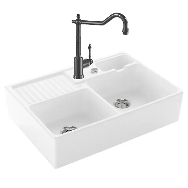 Evier Timbre d‘office Tradition 2 cuves vidage auto + Robinet de cuisine Avia 2.0 Anthracite VILLEROY ET BOCH Seulement Aujourd'hui