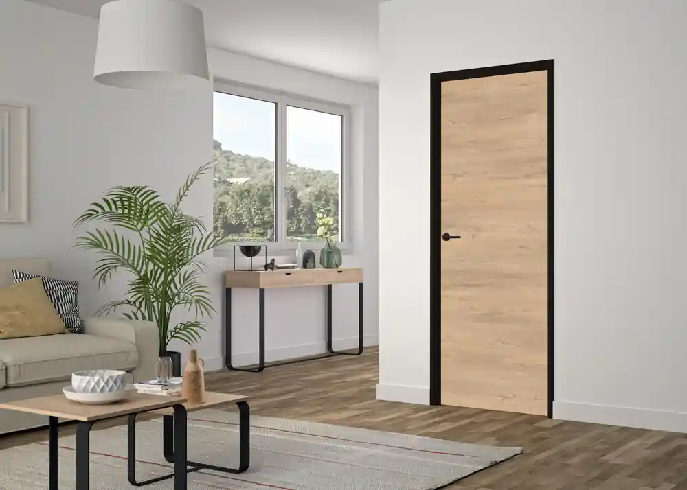 Promotion Bloc-porte fin de chantier réversible H.204 x l.83 cm chêne clair RIO 2 huisserie noire - OPTIMUM
