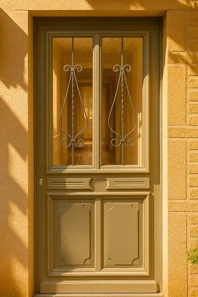 Dernière Chance Porte d‘entrée Bois Vitrée Baptiste Vert Gris Olive, H215 x L90 cm Côte Tableau p.Droit (Poignee, Barillet ref 010403RFP) GD MENUISERIES