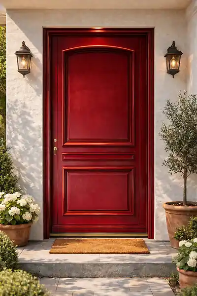 Commande En Gros Porte d‘entrée Bois Pleine Carene Rouge pourpre, H215 x L90 cm Côte Tableau, p.Droit (Poignée, Barillet ref 010403FP) GD MENUISERIES
