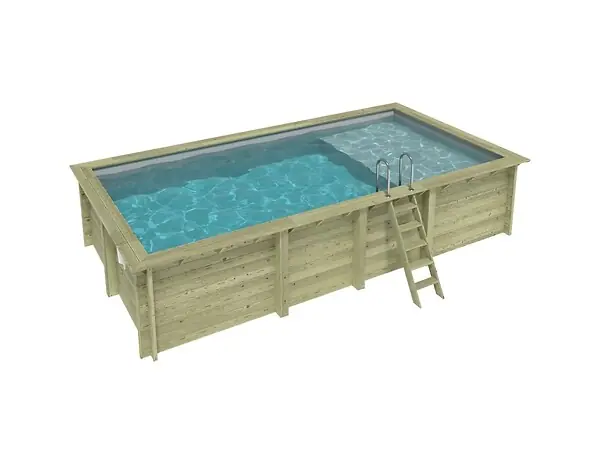 Affaire À Saisir Piscine hors sol en bois AQUA 7 x 3.75 - H.1.45 m avec plage, gris clair, cadre en métal - sans dalle - BAS7308OSPU2+PLA308 ALTANKA