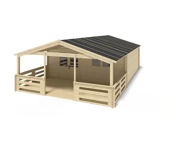 Abri de jardin en bois - 6x6 m + terrasse avec balustrade et avant-toit en bois - 54 m2 - DOM749+DOM556+DOM558+POD04 ALTANKA Dernière Chance