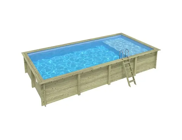 Expédié Aujourd'hui Piscine hors sol en bois AQUA 8.5 x 4.35 - H.1.45 m avec plage, bleu pâle, cadre en métal - sans dalle - BAS7309OSPU+PLA309 ALTANKA