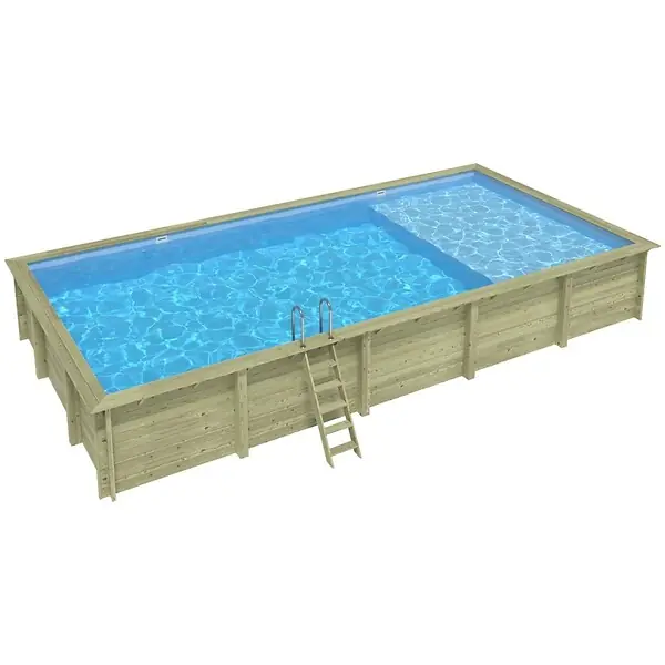 Remise Piscine hors sol en bois AQUA 10.2 x 5.2 - H.1.45 m avec plage, bleu pâle, fixations à sceller - BAS7310OSPI+PLA310 ALTANKA