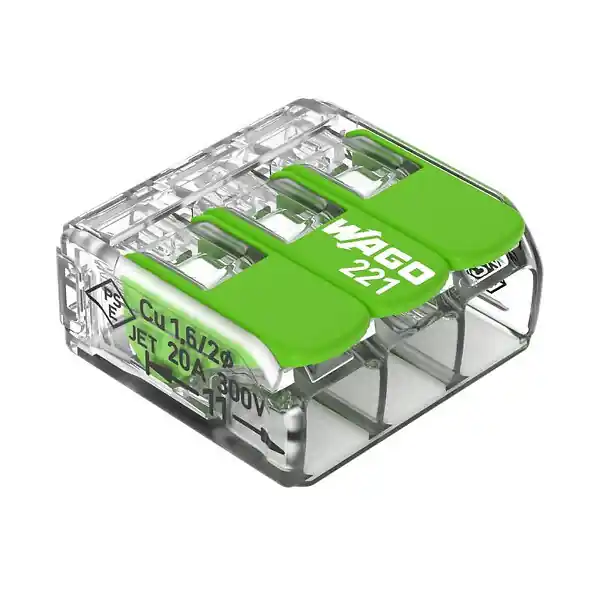 Boite de 50 bornes d‘installation 221 Green Range Wago - 3 conducteurs 4mm² - à leviers souple & rigide Super Prix