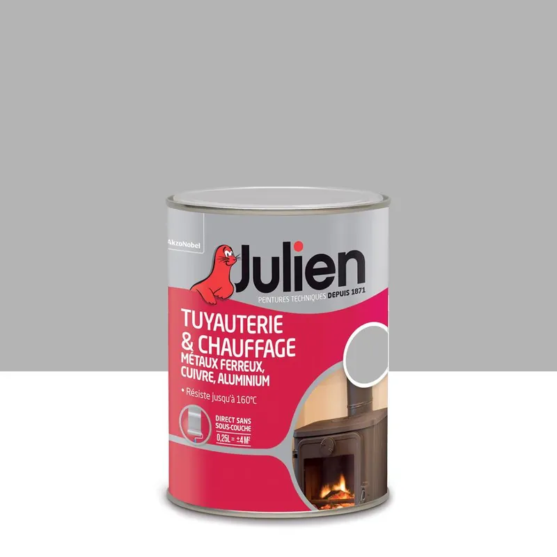 Promotion Saisonnière Peinture spéciale tuyauterie et chauffage résiste jusqu‘à 160° C aluminium satin 250 ml JULIEN