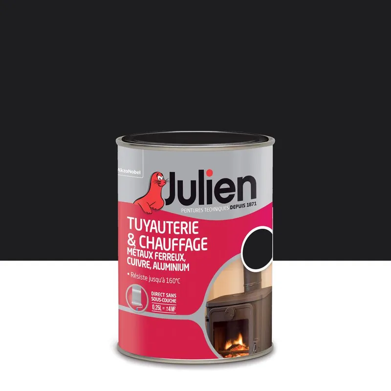 Expédié Aujourd'hui Peinture spéciale tuyauterie et chauffage résiste jusqu‘à 160° C noir brillant 250 ml JULIEN