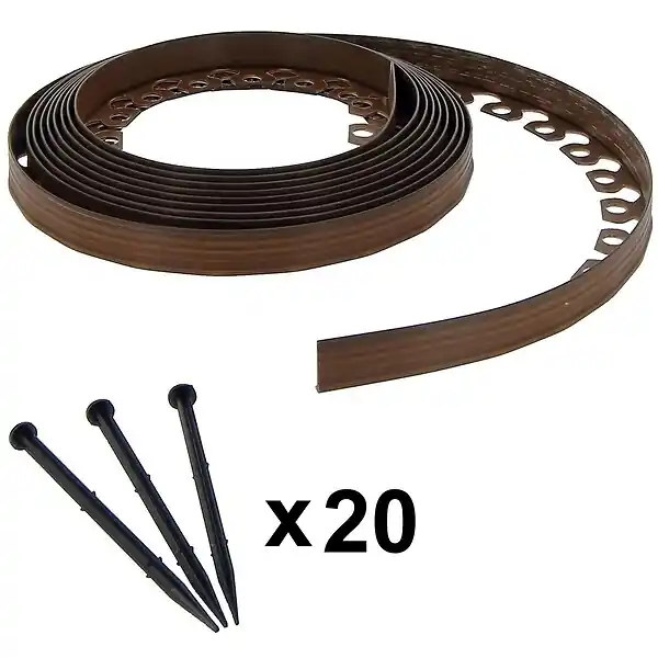 Bordure de jardin flexible marron - 3,8 cm x 10 mètres avec 20 piquets d‘ancrage GT GARDEN Haute Qualité