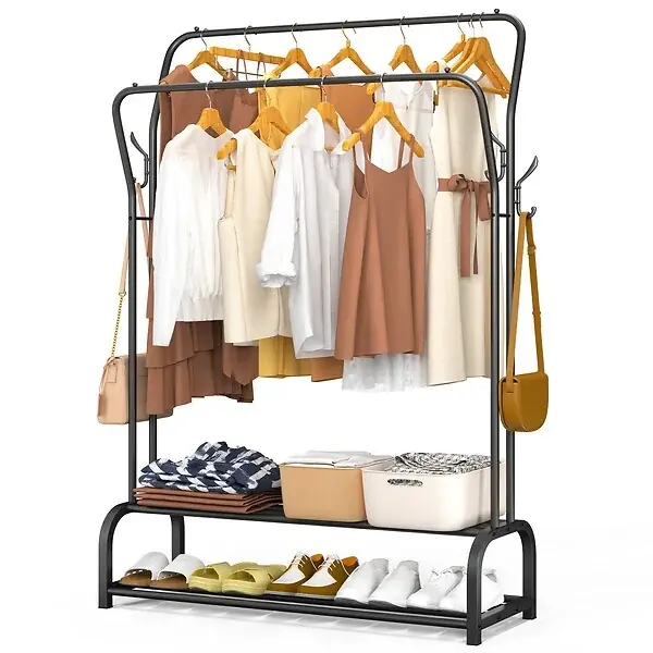 Paiement Sécurisé Portant a vetement double avec 2 niveaux etageres chaussures 4 Crochets Lateraux 110x35x146cm metal Noir VOUNOT