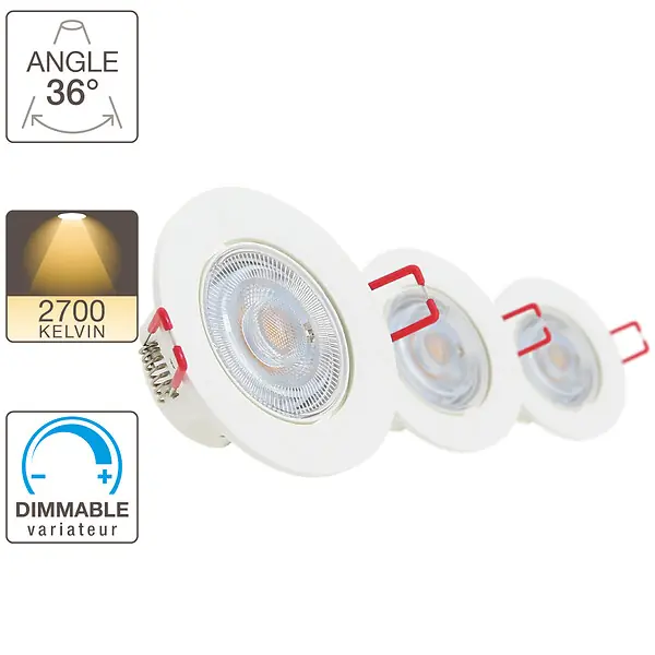 Achat Immédiat Pack 3 spots LED encastrables orientables - Blanc chaud - 6W XANLITE