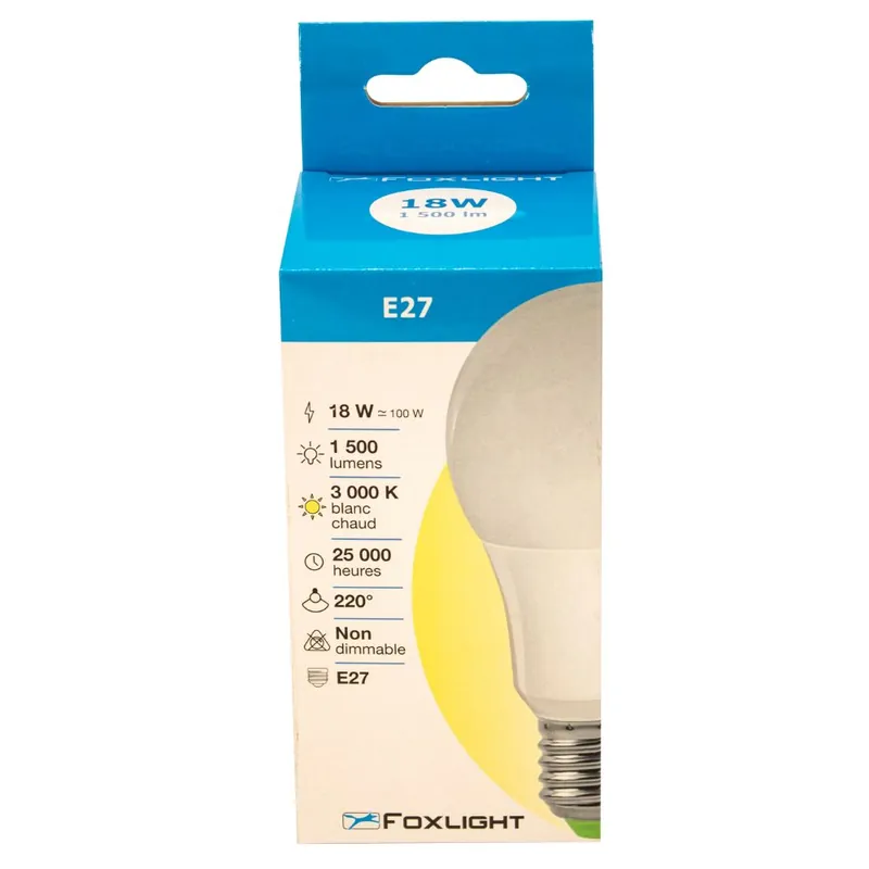 Ampoule LED standard E27 18W= 1500 lumens blanc chaud FOX LIGHT Promotion Saisonnière