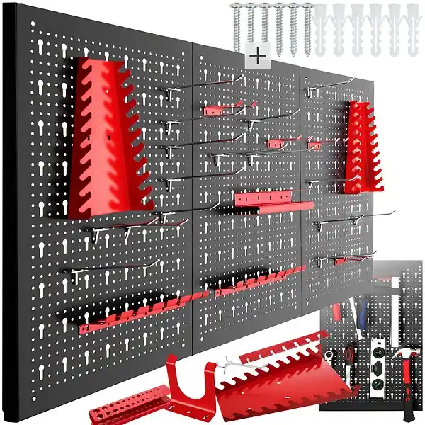 Offre Spéciale Panneau perforé en acier trois parties avec 25 crochets supports noir rouge 120 x 2 x 60 cm rangement outil TECTAKE