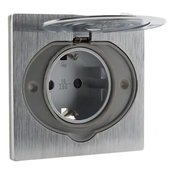 Prise de sol 16A Schuko alu brossé - IP44 + boîte installation - Zenitech Réduction