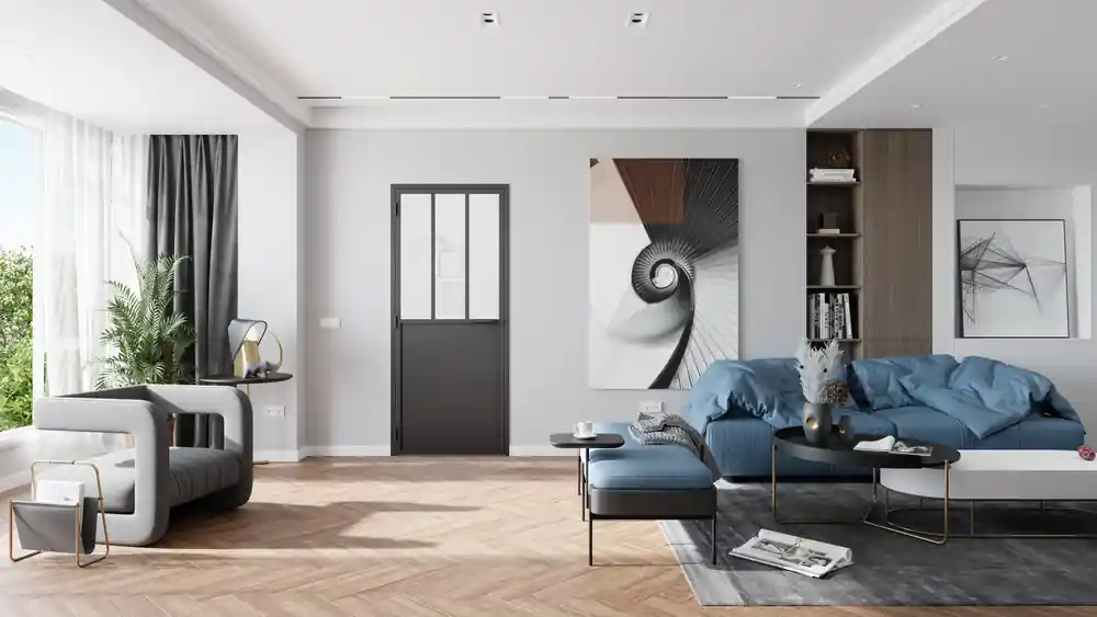 Acheter Direct Bloc-porte aluminium noir style Atelier H.204 x l.93 cm avec vitrage verre dépoli blanc poussant droit - OPTIMUM