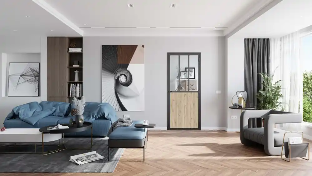 Bloc-porte aluminium noir et plaqué chêne style Atelier H.204 x l.83 cm avec vitrage verre clair poussant droit - OPTIMUM Bon Plan