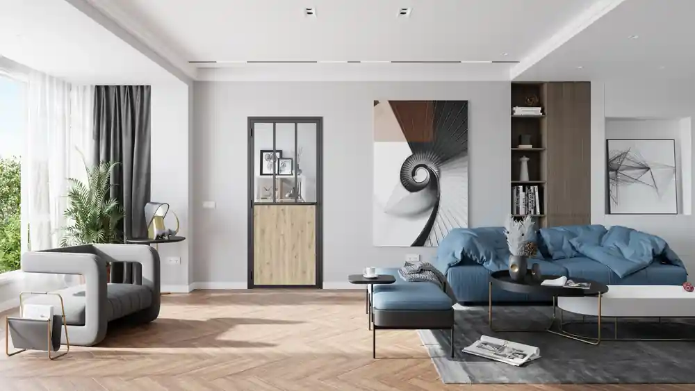 Soldes Bloc-porte aluminium noir et plaqué chêne style Atelier H.204 x l.93 cm avec vitrage verre clair poussant gauche - OPTIMUM