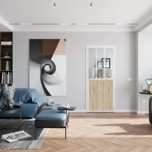 Bloc-porte aluminium blanc et plaqué chêne style Atelier H.204 x l.73 cm avec vitrage verre clair poussant droit - OPTIMUM Prix Choc