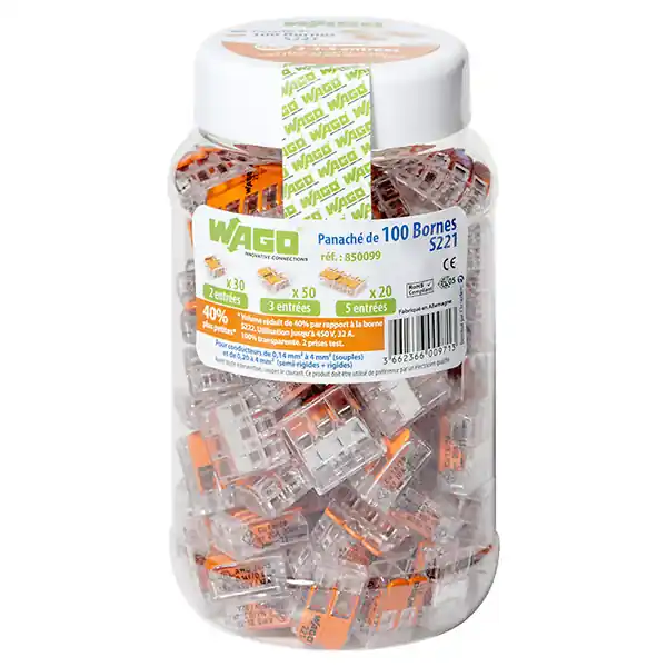 Jusqu'à Épuisement Des Stocks WAGO Pot panaché de 100 bornes de connexion automatique 2, 3 et 5 entrées S221