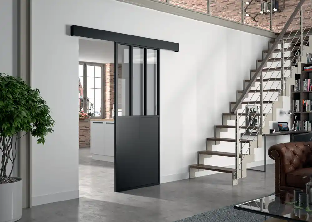 Porte coulissante noire style Atelier vitrage clair largeur 93 cm OPTIMUM Commander Vite