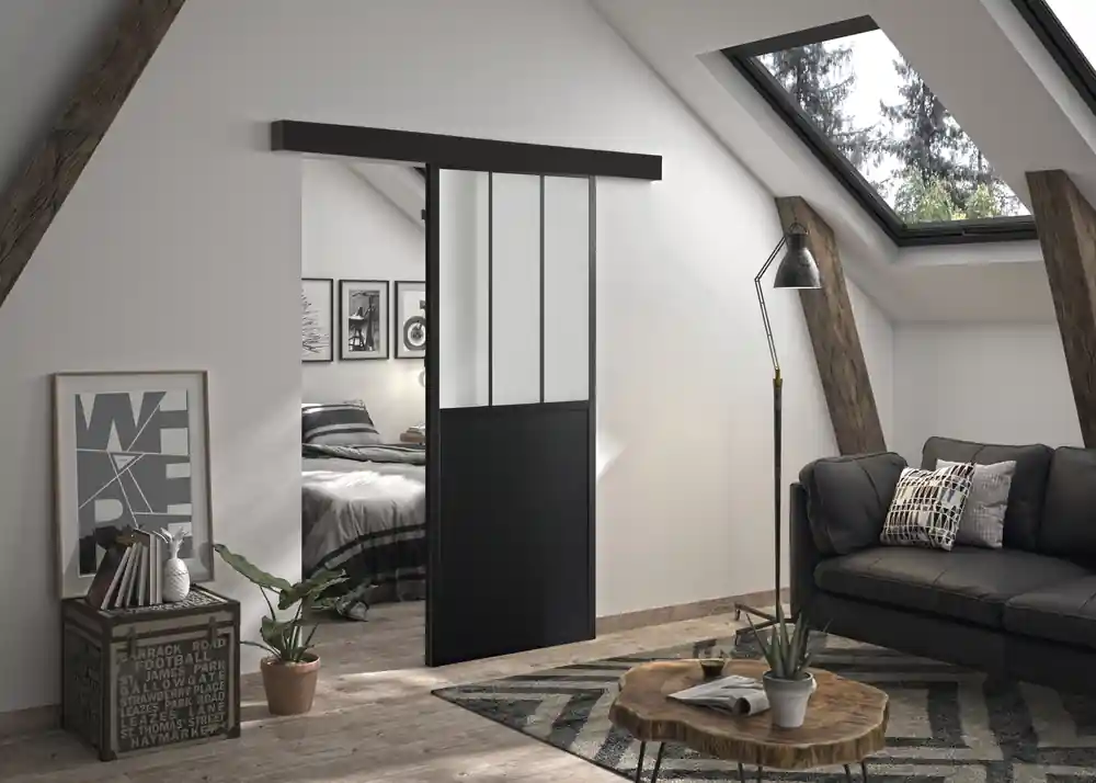 Achat Immédiat Porte coulissante noire style Atelier vitrage dépoli blanc largeur 83 cm OPTIMUM