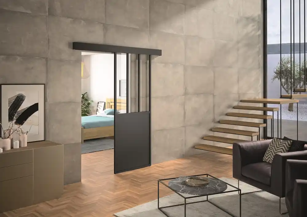Meilleure Vente Porte coulissante aluminium noir style Atelier vitrage clair largeur 93 cm OPTIMUM