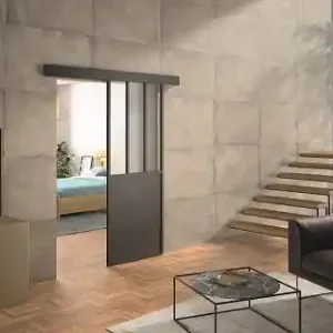 Authentique Porte coulissante aluminium noir style Atelier vitrage dépoli blanc largeur 73 cm OPTIMUM