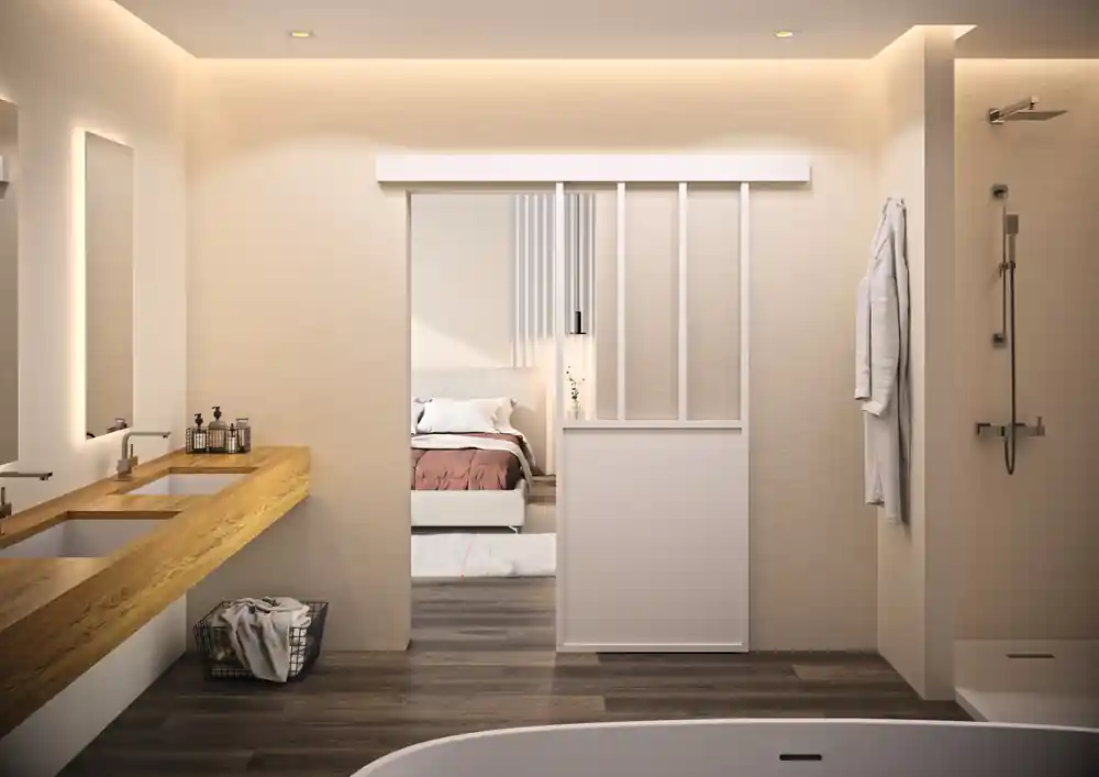 Porte coulissante aluminium blanc style Atelier vitrage clair largeur 83 cm OPTIMUM Soldes