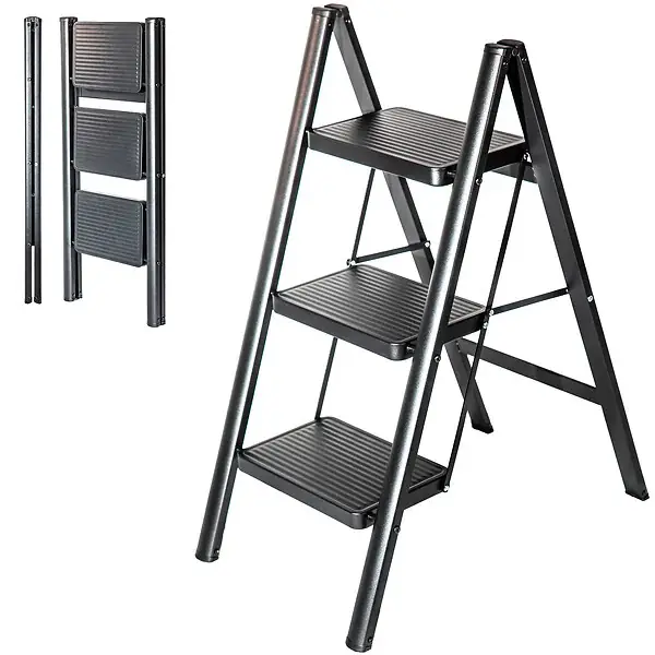 Nouveauté Escabeau 3 marches FOLDPACT3, Marche pied pliable, Design ultra-compact, Marches larges 17,5 cm, Acier, Etagère temporaire, Garantie 5 ans, Hostrom HOSTRÖM