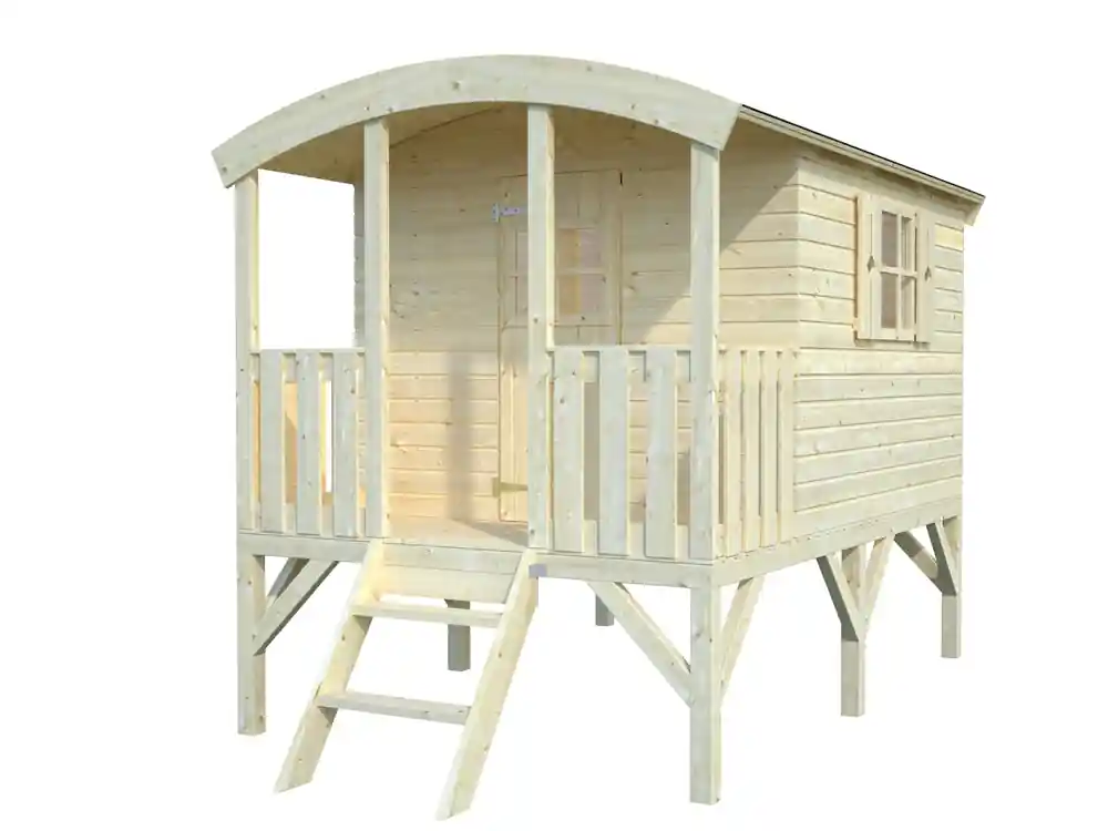 Vente Directe Cabane enfant sur pilotis en bois Huck - design wagon - 3,3 m² - Livraison à domicile incluse - PALMAKO