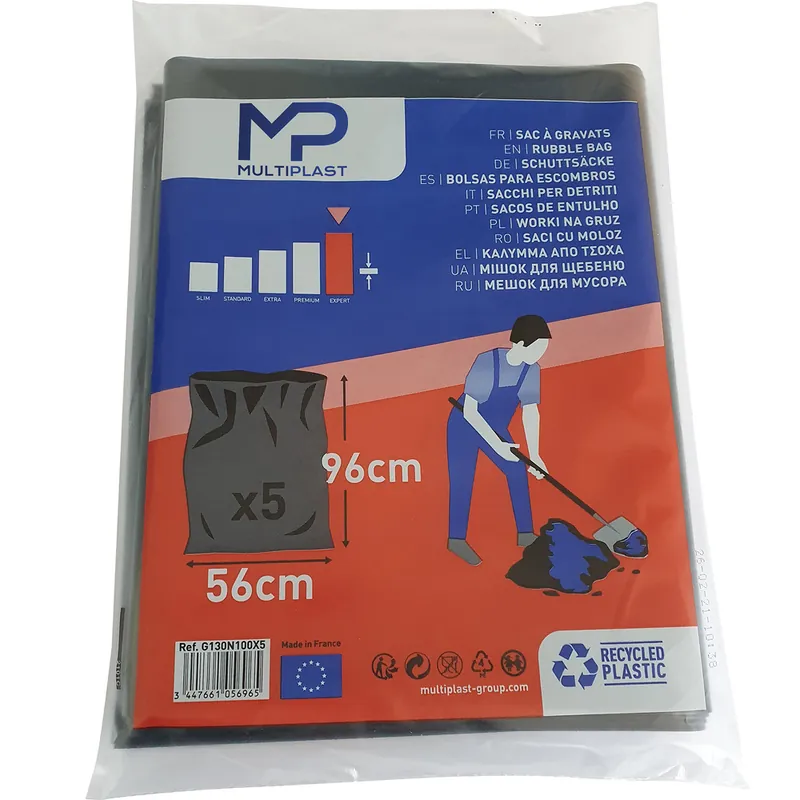 Sac spécial gravats noir qualité renforcée 60 litres par 5 - MULTIPLAST Offre Spéciale