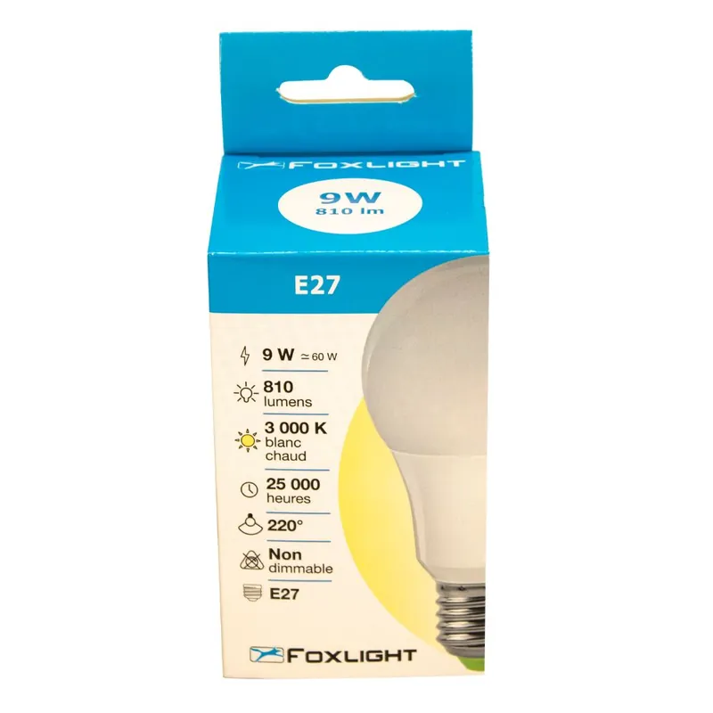 Pas Cher Ampoule LED standard E27 9W=810 lumens blanc chaud FOX LIGHT