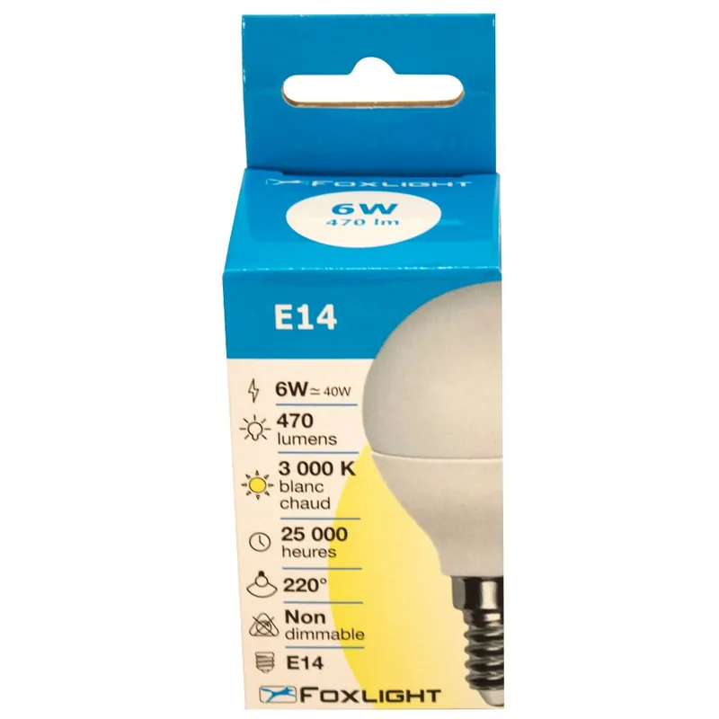 Ampoule LED sphérique E14 6 W= 470 lumens blanc chaud FOX LIGHT Usine Directe
