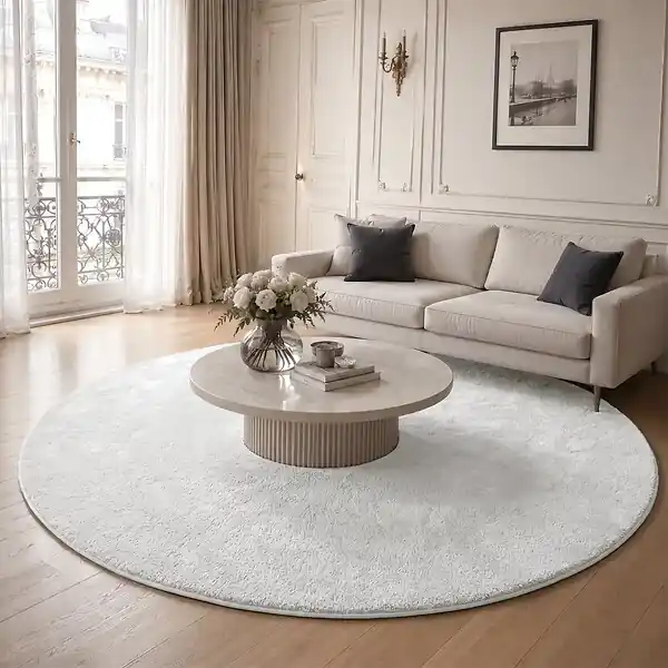 Tapis de salon poils ras doux antiderapant ф200cm uni crème VOUNOT Livraison Express