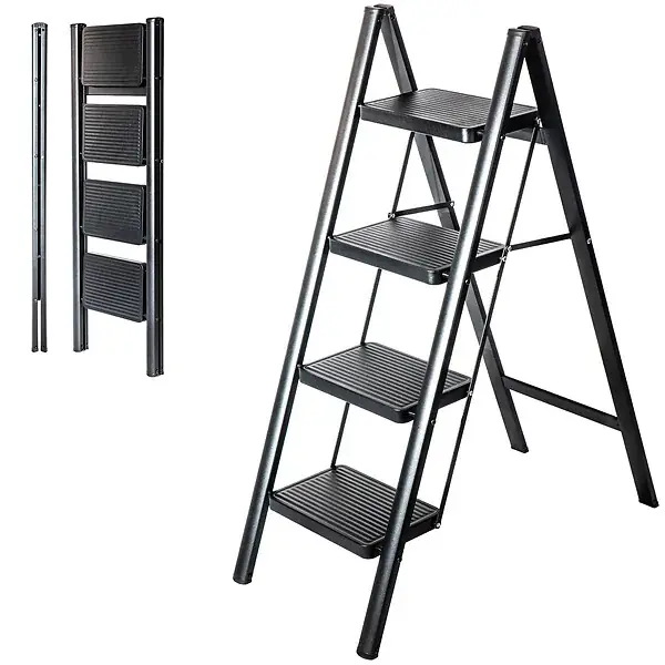 Meilleure Vente Escabeau 4 marches FOLDPACT4, Marche pied pliable, Design ultra-compact, Marches larges 17,5 cm, Acier, Etagère temporaire, Garantie 5 ans, Hostrom HOSTRÃ–M