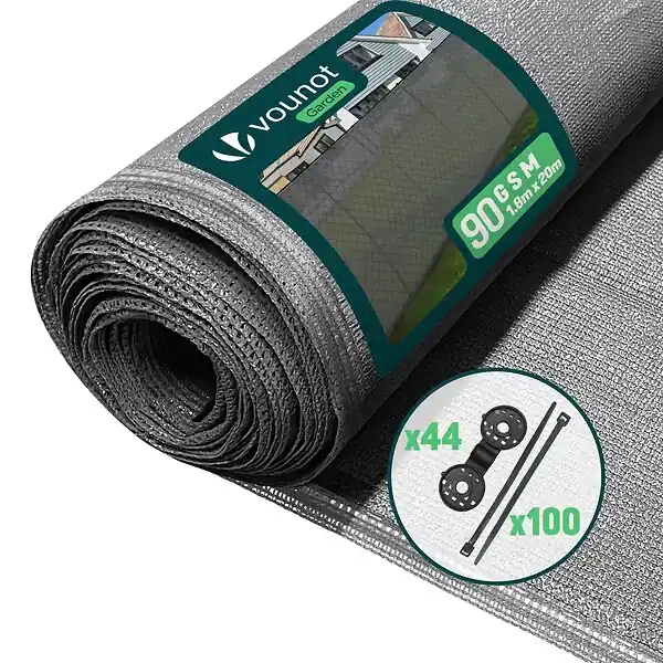 Haute Qualité Brise vue occultant en HDPE 90g/m² 1.8x20m avec attaches de fixation gris VOUNOT