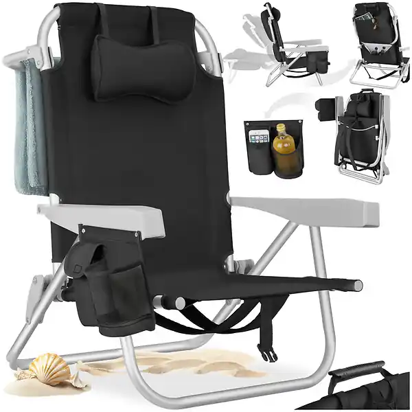 Chaise de plage en aluminium pliable noire avec dossier réglable et transport sac à dos TECTAKE Commander Maintenant
