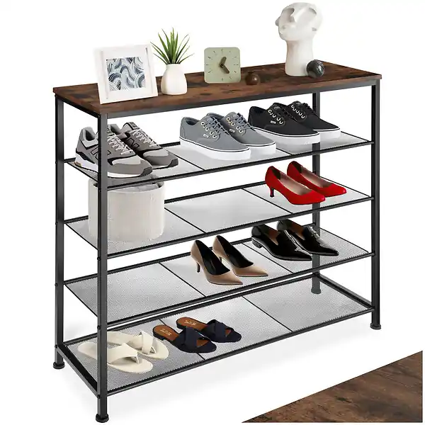 Achat Immédiat Étagère à chaussures SHEFFIELD 100x30,5x93cm Bois foncé industriel, rustique TECTAKE