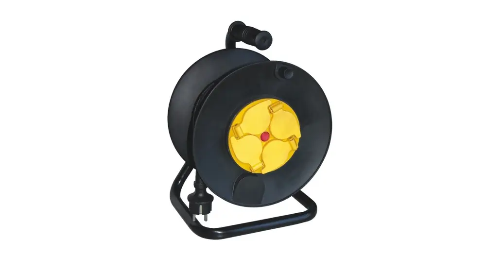 Vente Flash Enrouleur électrique 25m pour extérieur chantier IP44 4 prises à clapet noir/jaune