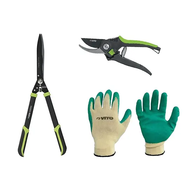 Haute Qualité Pack Outils Taille haie Lame 27,5 cm + Gants de jardin + Sécateur 20 cm VITO