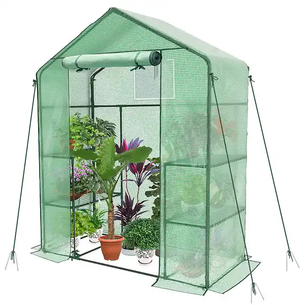 Usine Directe Serre de jardin avec etageres et bache PE renforcee 135g/m2 143x73x195cm Vert VOUNOT