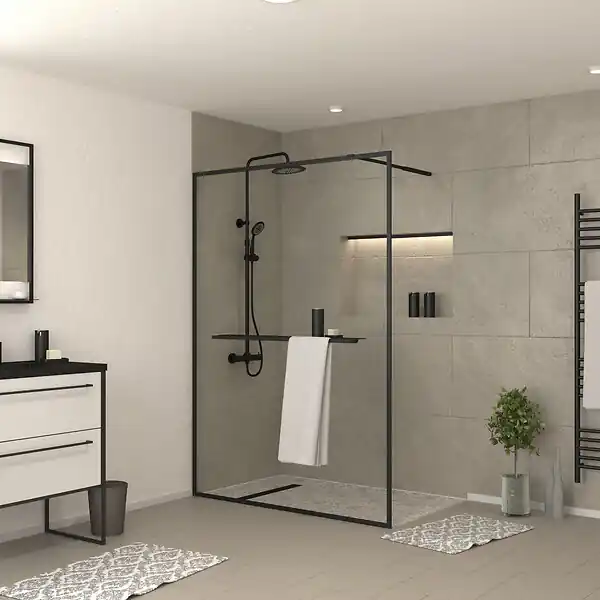Expédié Aujourd'hui Paroi de Douche Noir Mat 140x200cm - Porte-serviette et étagère - DARK CONTOURING SHELF AURLANE