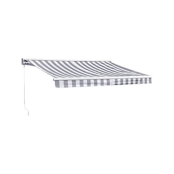 Achat Immédiat Store banne SAULE 2,95 × 2,5m avec semi-coffre - Toile rayée blanche/grise et structure blanche HAPPY GARDEN